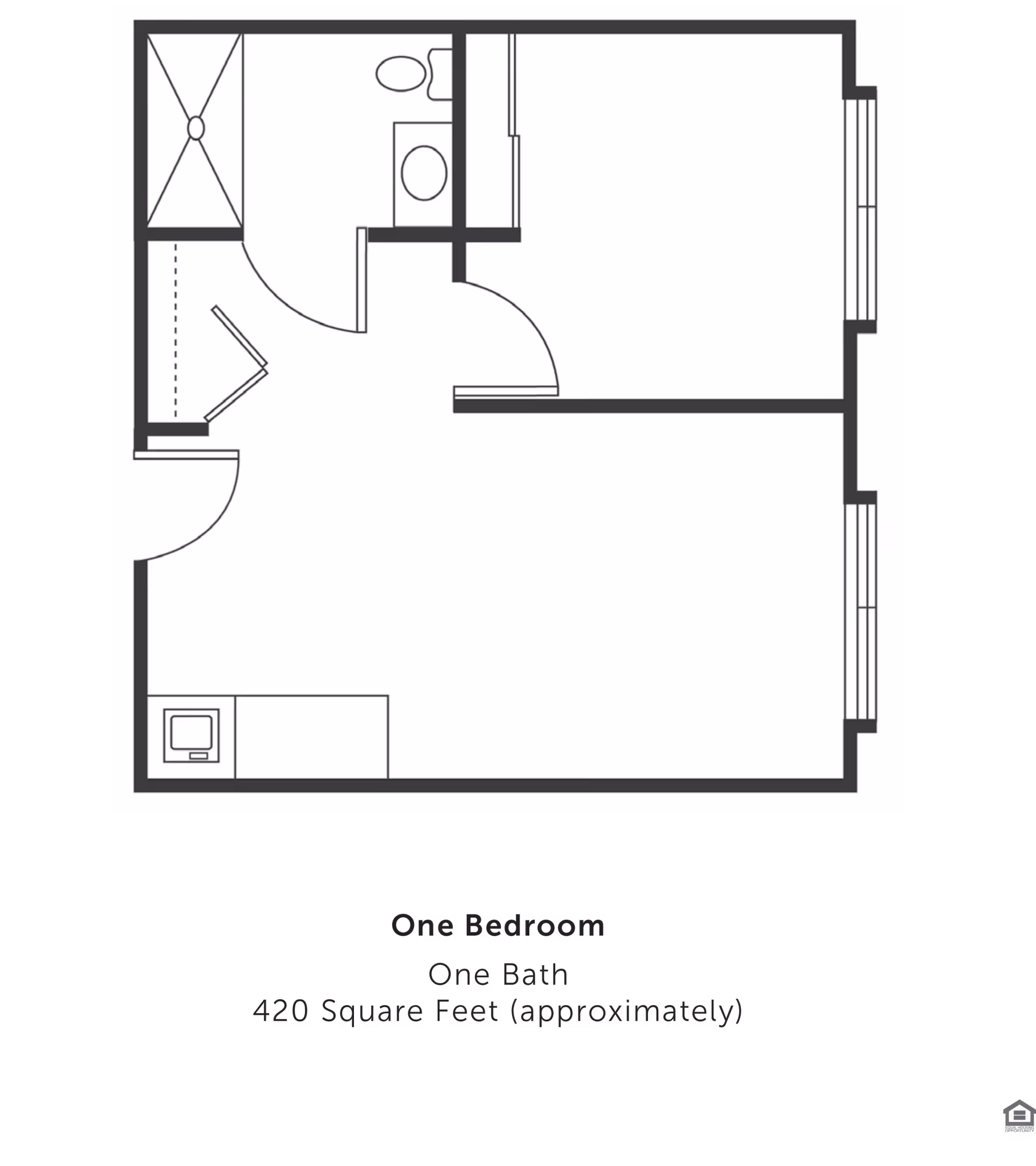 Black-and-white floor plan of a one-bedroom, one-bath apartment showing a living area, bedroom, bathroom, and kitchenette.