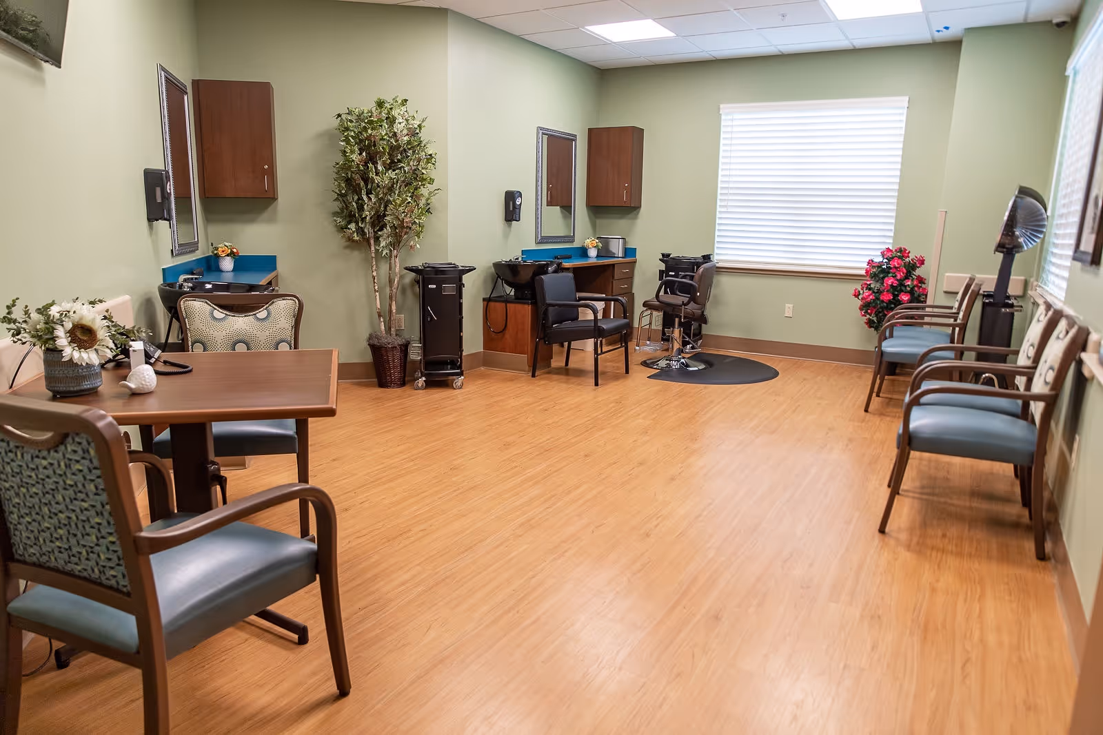 A spacious room with light green walls and wood flooring, featuring several chairs arranged around the perimeter and a table with chairs in the foreground. The room includes two hair washing stations with sinks and chairs, mirrors, cabinets, a tall potted plant, and a window with blinds letting in natural light. There are also decorative flowers and a hair dryer hood in the corner, indicating this is a salon or grooming area within a facility.