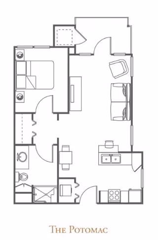 Architectural floor plan of an apartment named The Potomac at The Village of Tanglewood, showing a layout with one bedroom, one bathroom, a kitchen, dining area, and living room.