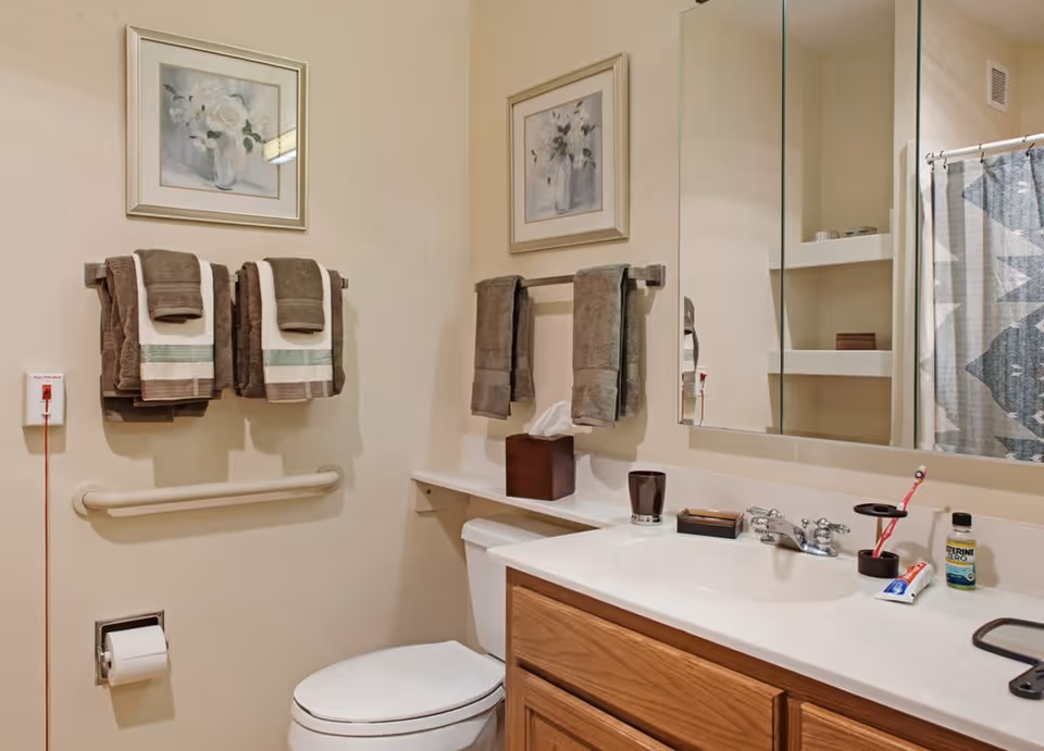 A clean bathroom with a white toilet and a wooden vanity with a white countertop. On the countertop are a toothbrush, toothpaste, mouthwash, a cup, and a tissue box. Above the vanity is a large mirror. There are two towel racks on the walls with brown and beige towels hanging. A framed floral painting is hung above the towels. A shower curtain with a geometric pattern is partially visible.