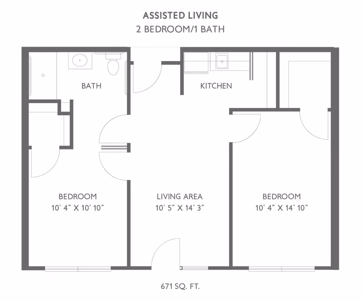 Floor plan of an assisted living unit with 2 bedrooms and 1 bathroom. The layout includes a living area, kitchen, bath, and two bedrooms with dimensions labeled. The total area is 671 square feet.