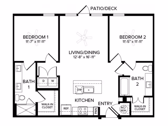 Floor plan of a two-bedroom apartment at Album Benbrook, showing Bedroom 1 with walk-in closet and Bath 1, Bedroom 2 with walk-in closet and Bath 2, a combined living and dining area with ceiling fan, kitchen with island and appliances, entryway, and a patio/deck.