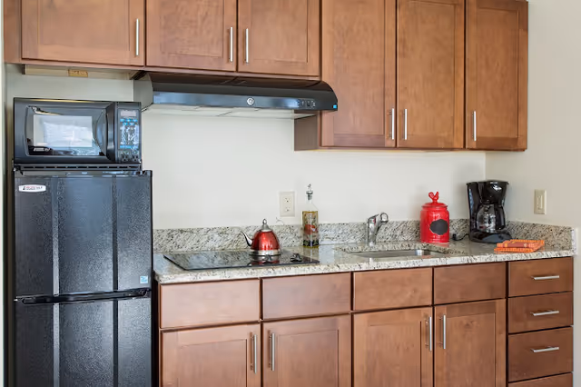 Compact kitchenette with wooden cabinets, granite countertop, sink, stovetop, microwave, mini fridge, kettle and coffee maker.