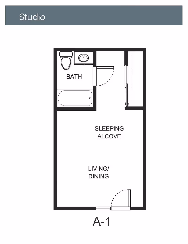 Floor plan of a studio apartment labeled A-1 showing a combined living and dining area, a sleeping alcove, and a bathroom with a bathtub, toilet, and sink.