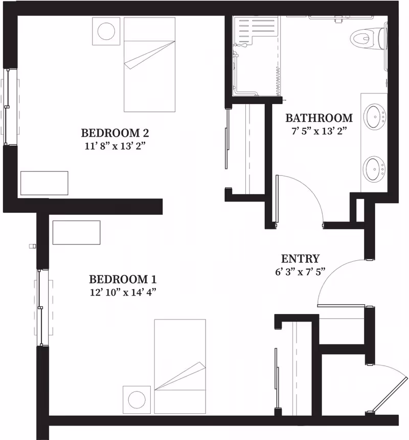 Floor plan layout of a living space at CountryHouse Residence showing two bedrooms, one bathroom, and an entry area with dimensions labeled for each room.