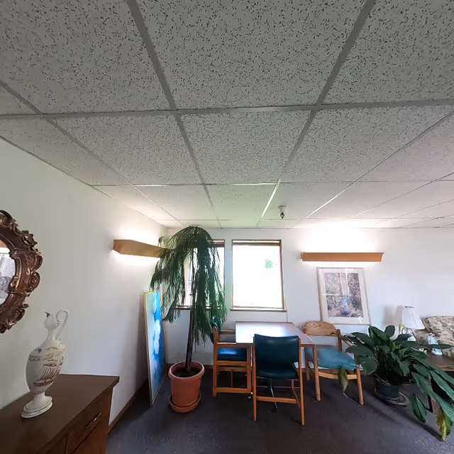 Small communal seating area with chairs, potted plants, wall art, and a drop ceiling.