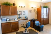 Interior view of a salon area in a senior living facility featuring two salon chairs, a hair washing station, wooden cabinets, wall-mounted light fixtures, decorative wall art, and plants on top of the cabinets.