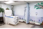 A bathing room in a senior living facility featuring a large accessible bathtub with safety rails, a privacy curtain, and walls decorated with a mural of a white picket fence, flowers, and a palm tree. There are also hanging plants and a chair nearby.