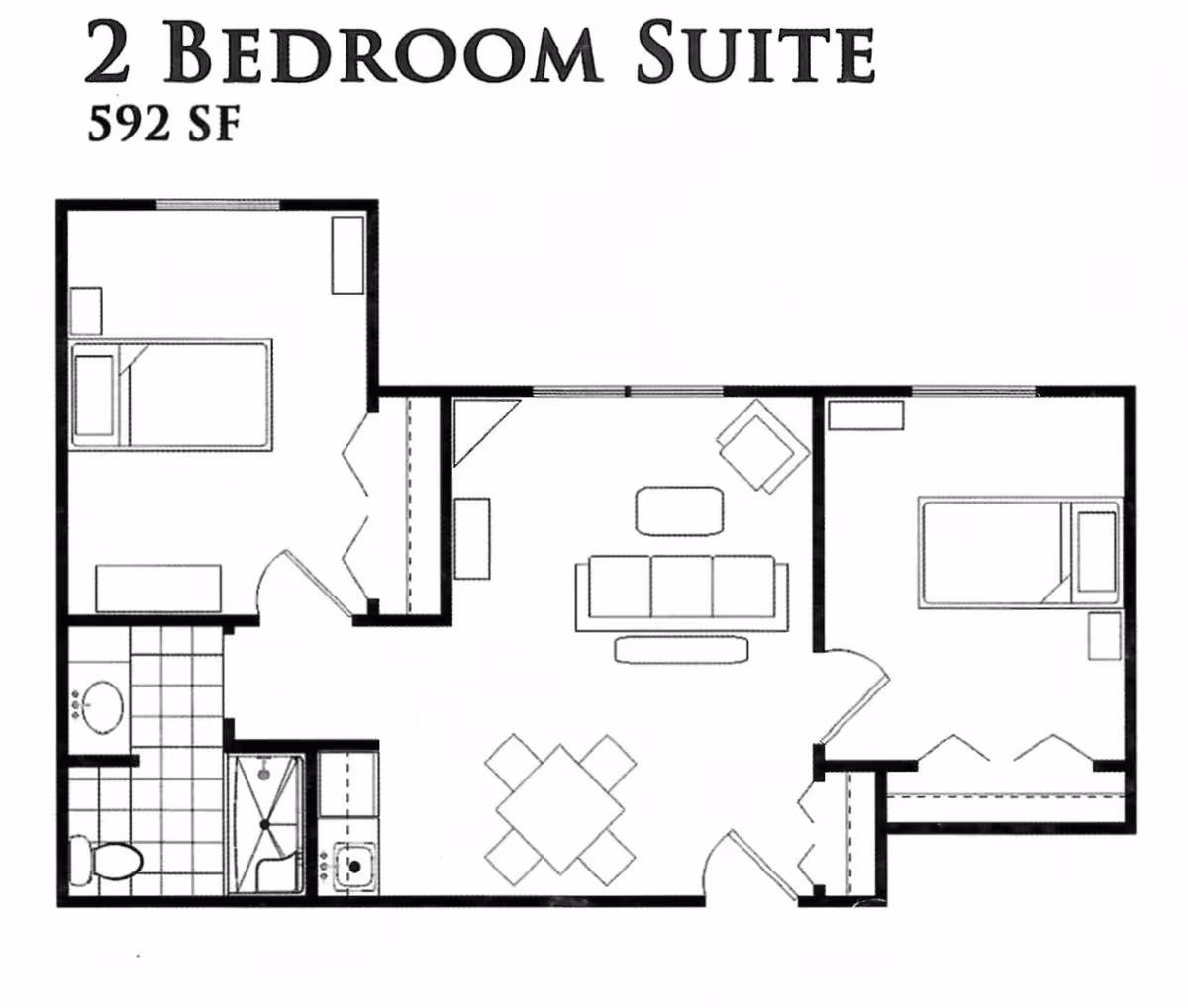 Black-and-white floor plan drawing of a 2-bedroom suite (592 SF) showing two bedrooms, a living area, dining/kitchen space, and a bathroom.