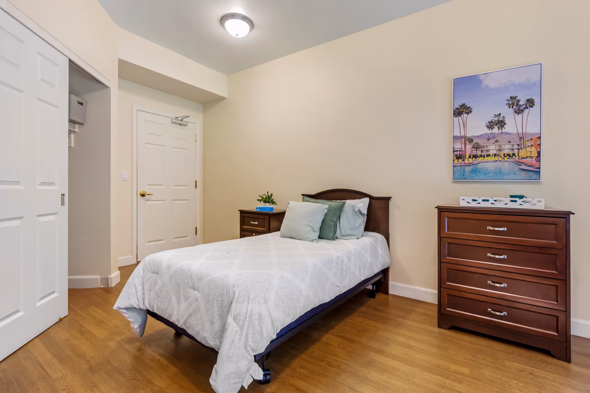 Furnished bedroom with a single bed, nightstand, dresser, and framed palm-tree artwork on the wall.