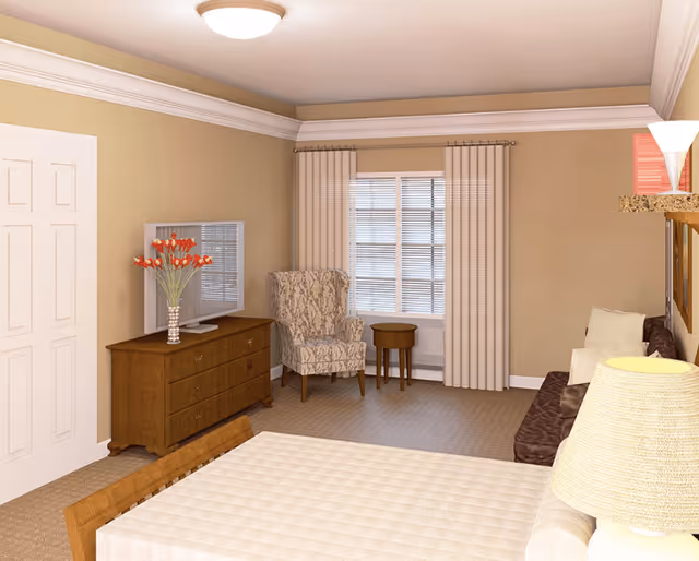 Cozy furnished bedroom with a bed in the foreground, a wooden dresser and TV on the left, a patterned armchair by a window, and a small sofa with lamps.
