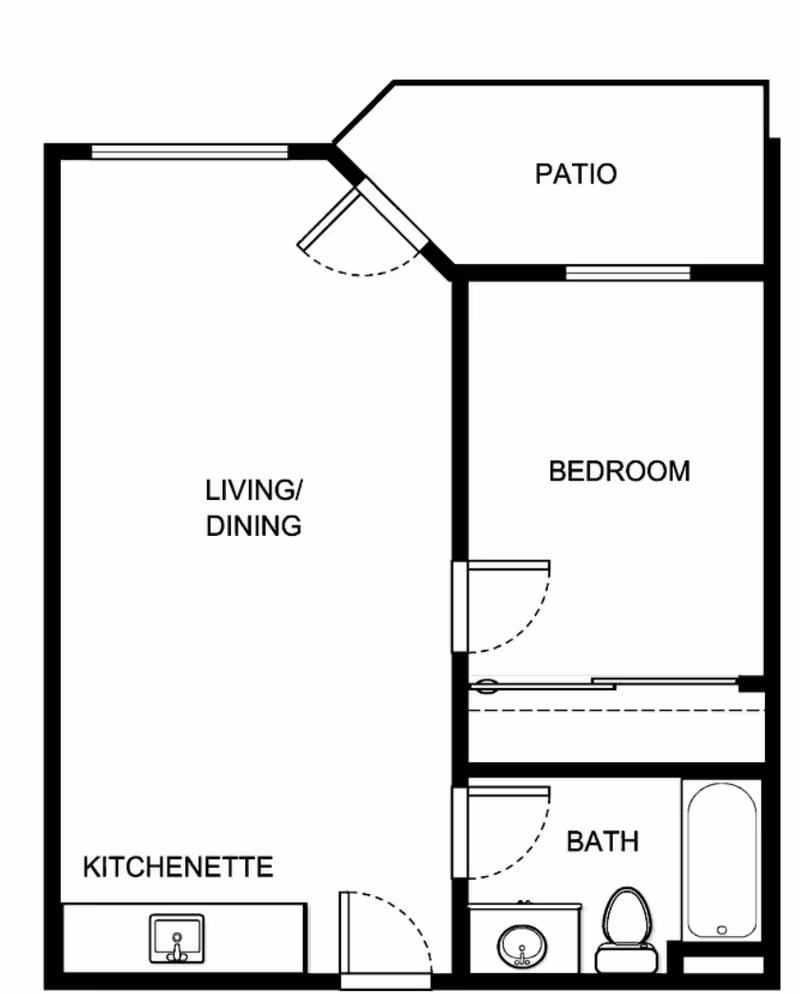 Floor plan of a living space at Solista Carson showing a kitchenette, living/dining area, bedroom, bathroom, and a patio. The kitchenette is located near the entrance, the living/dining area is adjacent to it, the bedroom is next to the living/dining area, and the bathroom is accessible from the bedroom. The patio is accessible from the living/dining area.