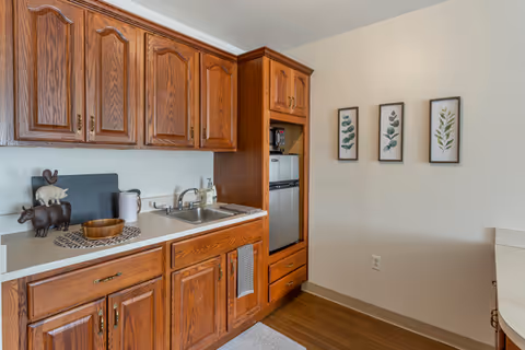 A kitchen area with wooden cabinets and drawers, a countertop with a sink, a small refrigerator, and a coffee maker. Three framed botanical prints hang on the wall to the right. The floor is wooden and there is a small rug in front of the sink.