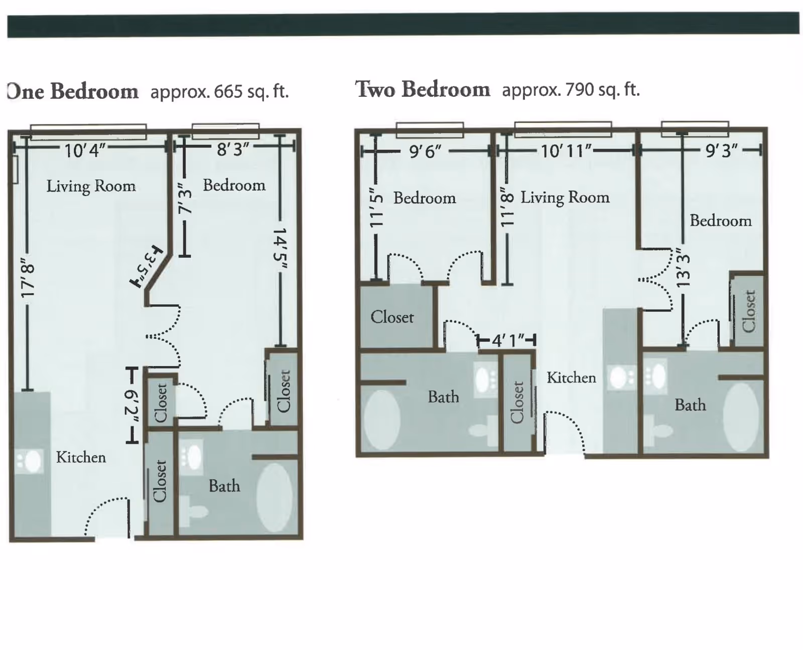 Floor plans for The Lodge at Mallard's Landing showing a one-bedroom apartment of approximately 665 sq. ft. with a living room, bedroom, kitchen, bath, and closets, and a two-bedroom apartment of approximately 790 sq. ft. with a living room, two bedrooms, kitchen, two baths, and closets.
