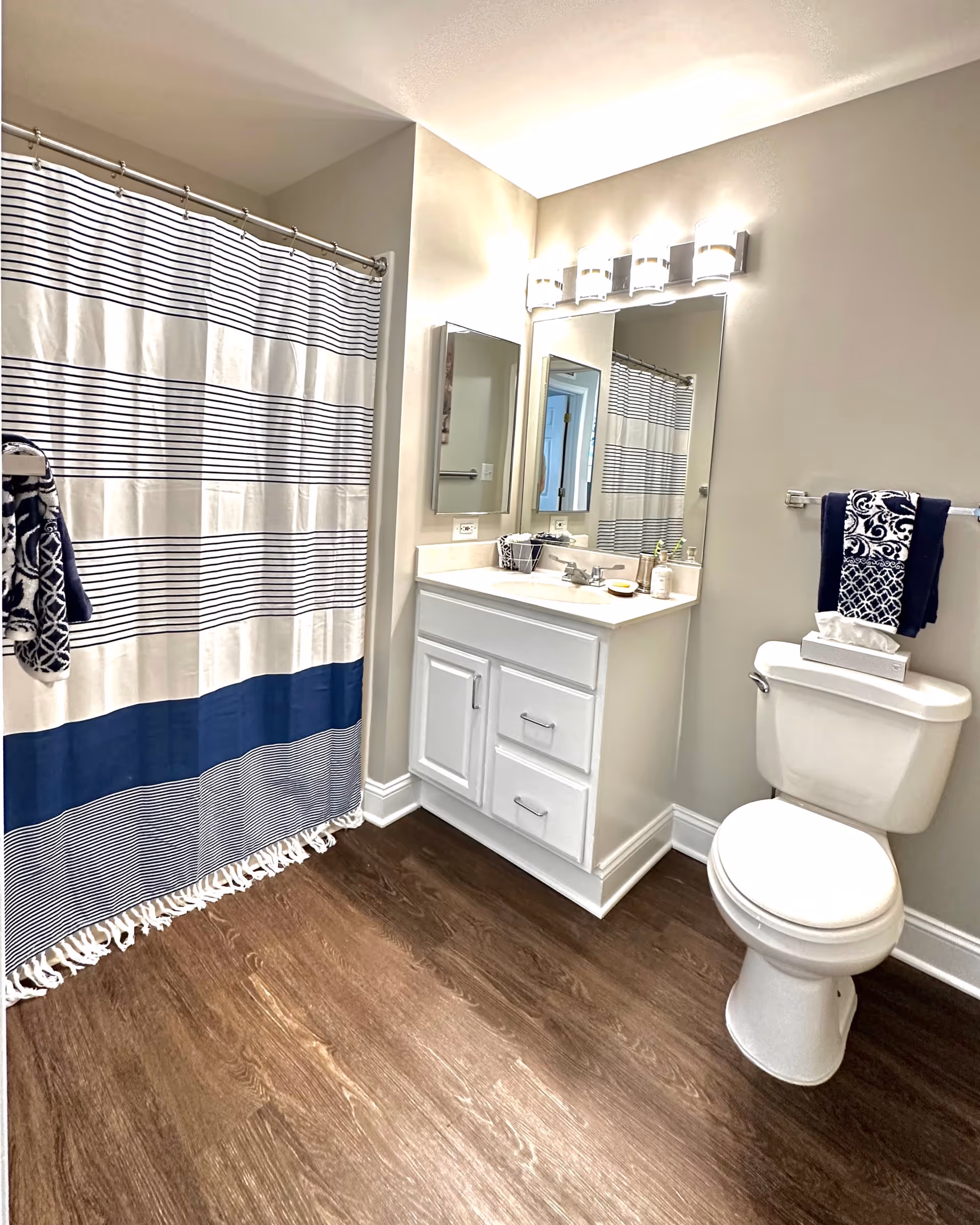 A clean and modern bathroom with a white toilet, a white vanity with a sink, a large mirror above the vanity, and a shower with a striped curtain in shades of white, navy, and gray. The floor is wood-style, and there are decorative towels hanging on the wall and near the shower.