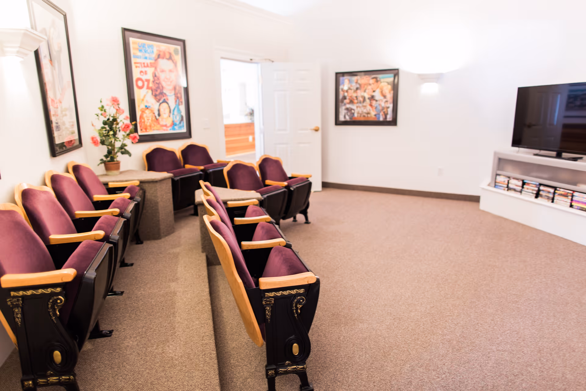 A small home theater room with two rows of vintage-style theater seats upholstered in purple fabric. The room has beige carpet, white walls, and movie posters framed on the walls. A flat-screen TV is mounted on a white stand with shelves holding DVDs. There is a door open to another room in the background.
