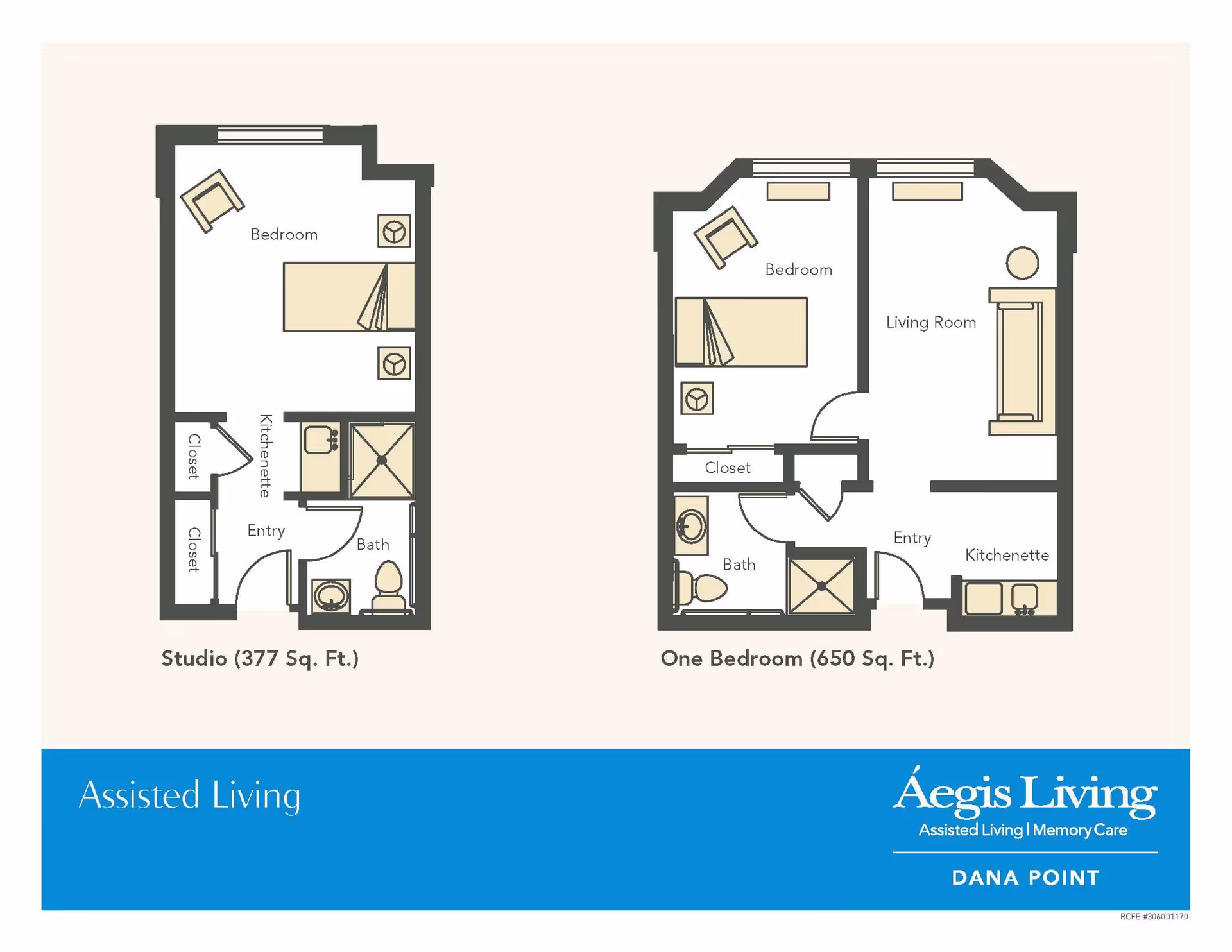 Floor plans for two assisted living apartment layouts at Aegis Living Dana Point. The left plan is a Studio apartment of 377 square feet featuring a bedroom area, kitchenette, entry, bath, and two closets. The right plan is a One Bedroom apartment of 650 square feet with a bedroom, living room, kitchenette, entry, bath, and closet. Both layouts include furniture placement such as beds, chairs, and tables.