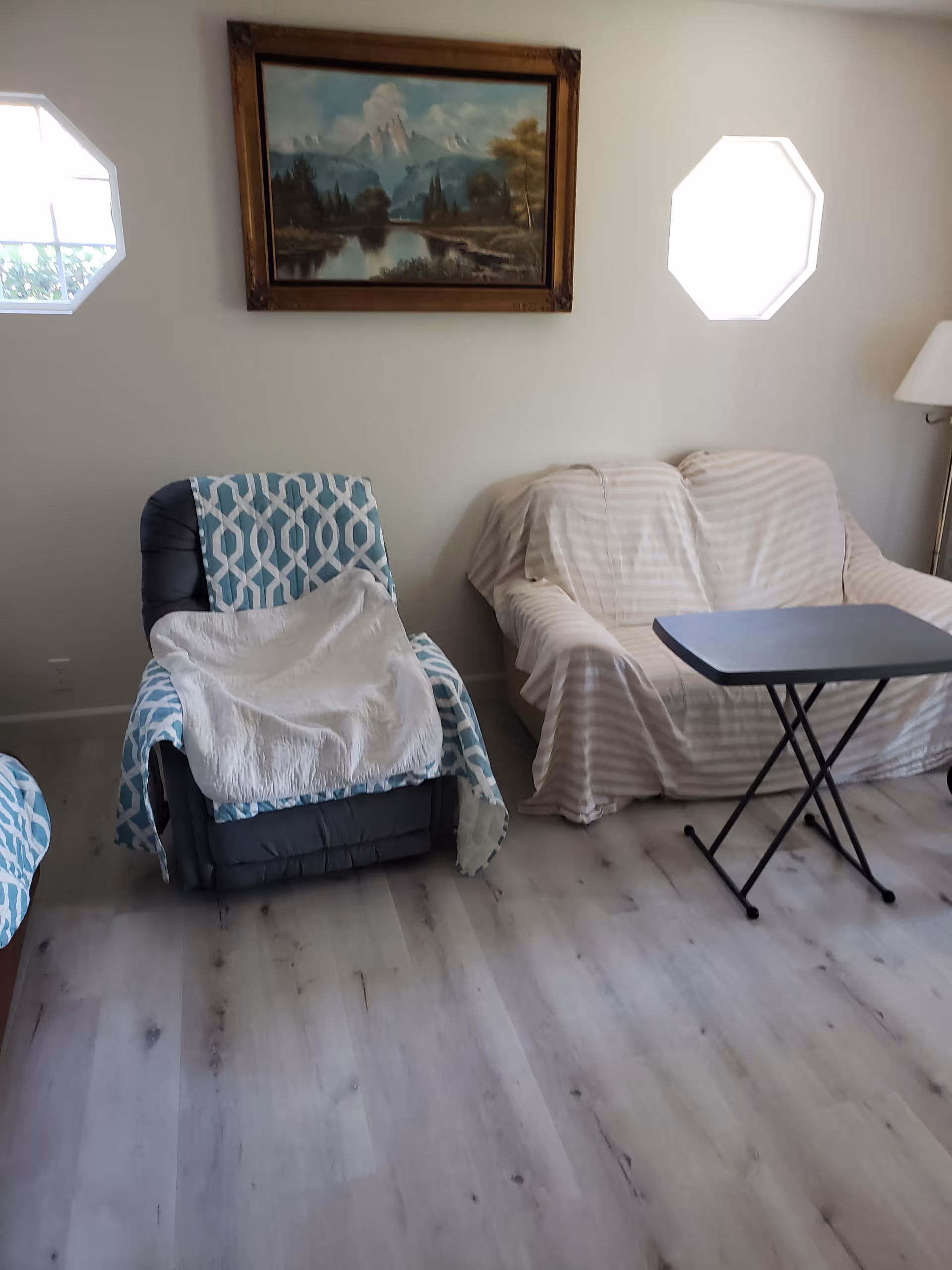 A cozy living room with a gray recliner chair covered with a blue and white patterned throw and a white blanket, a beige striped sofa with a small black folding table in front, light wood flooring, two octagonal windows on the wall, and a framed landscape painting of mountains and a river hanging between the windows.