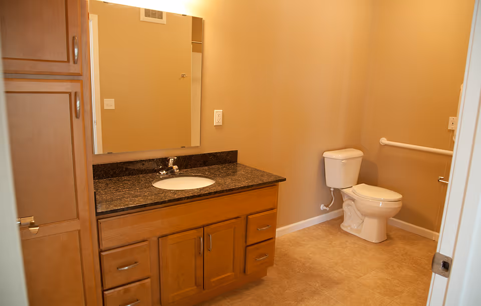 A clean bathroom with beige walls and tiled floor. There is a wooden vanity with a dark granite countertop and an oval sink. Above the vanity is a large rectangular mirror. To the right, there is a white toilet with a grab bar mounted on the wall beside it.