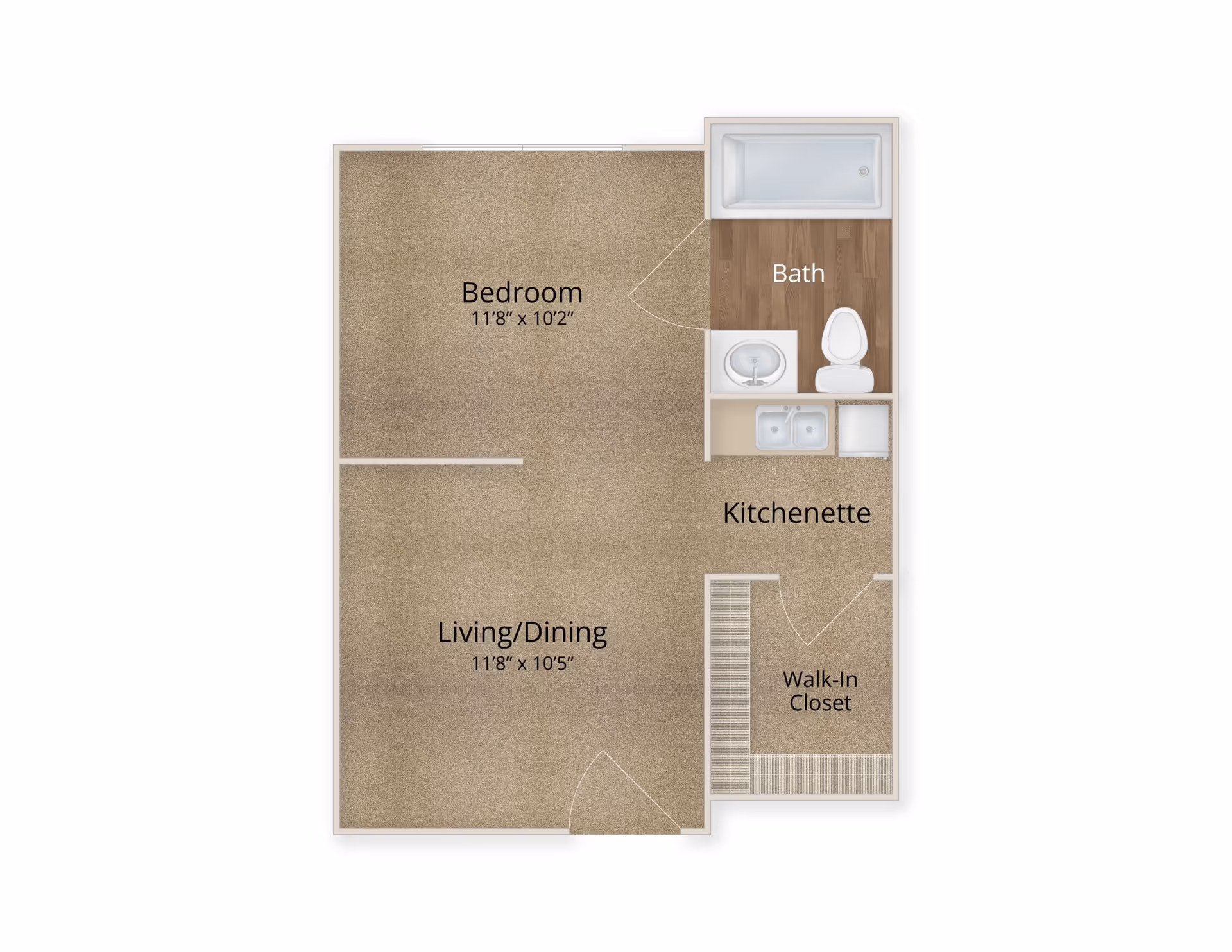 Floor plan of a senior living unit at Arabella of Kilgore Senior Living showing a bedroom measuring 11 feet 8 inches by 10 feet 2 inches, a living/dining area measuring 11 feet 8 inches by 10 feet 5 inches, a kitchenette, a bath with a bathtub, toilet, and sink, and a walk-in closet.