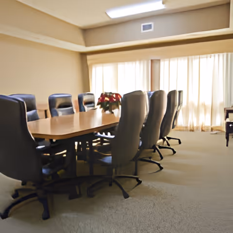 A conference room with a long wooden table surrounded by black office chairs on wheels. The room is softly lit with natural light coming through sheer curtains covering large windows. A small plant with red flowers is placed on the table.