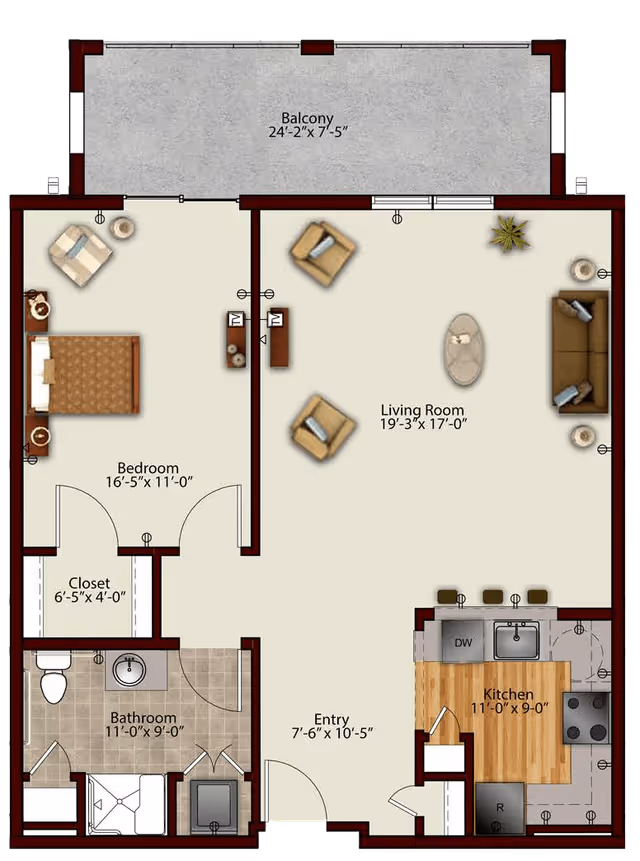 Floor plan of a residential unit at Harmony at Hershey showing a bedroom with a closet, a bathroom, an entry area, a kitchen with appliances and a bar counter, a living room with seating furniture, and a balcony.