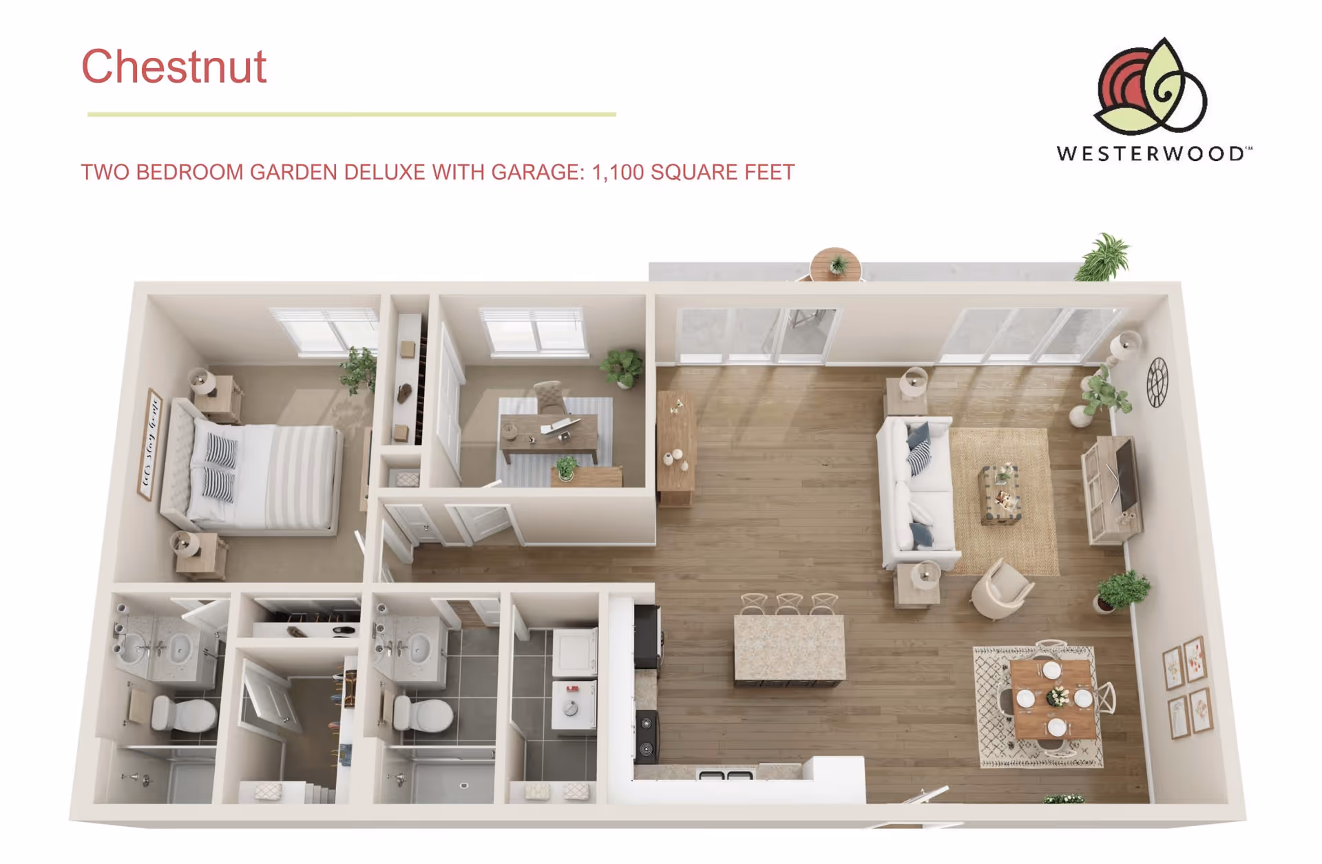 3D floor plan of a two-bedroom garden deluxe apartment with garage, showing a living room with sofa, armchair, TV, and dining area, a kitchen with island and bar stools, two bedrooms, two bathrooms, and a small office space. The apartment features large windows and sliding glass doors leading to an outdoor area.