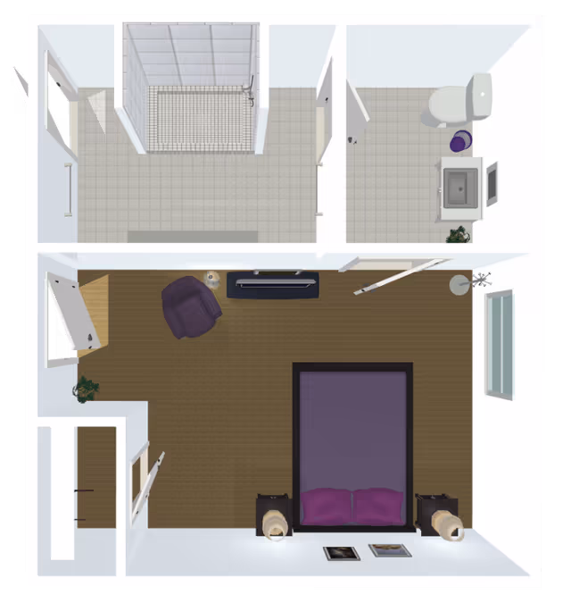 Top-down view of a senior living facility apartment layout showing a bedroom with a bed, two nightstands with lamps, a purple armchair, a TV on a stand, and a coat rack. Adjacent to the bedroom is a bathroom with a toilet, sink, and a shower area. The flooring in the bedroom is wood, while the bathroom has tiled floors.