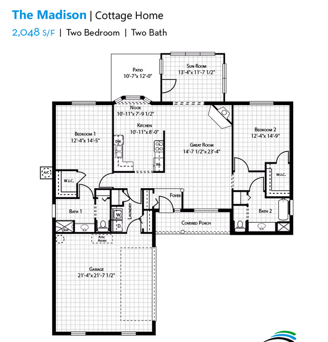 Architectural floor plan titled The Madison showing a 2,048 square feet layout with labeled rooms including bedrooms, bathrooms, kitchen, dining room, living room, laundry, and closets.