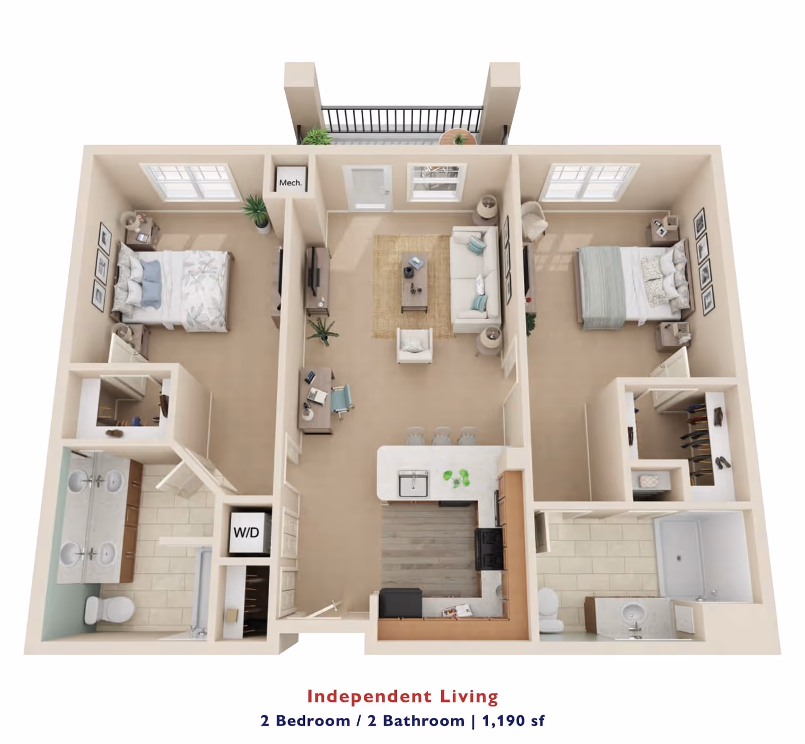 3D floor plan of an independent living apartment featuring two bedrooms, two bathrooms, a living room with sofa and chair, a kitchen with an island and three stools, and a balcony. The layout includes closets in both bedrooms, a washer/dryer area, and bathrooms with sinks, toilets, and a shower/tub.
