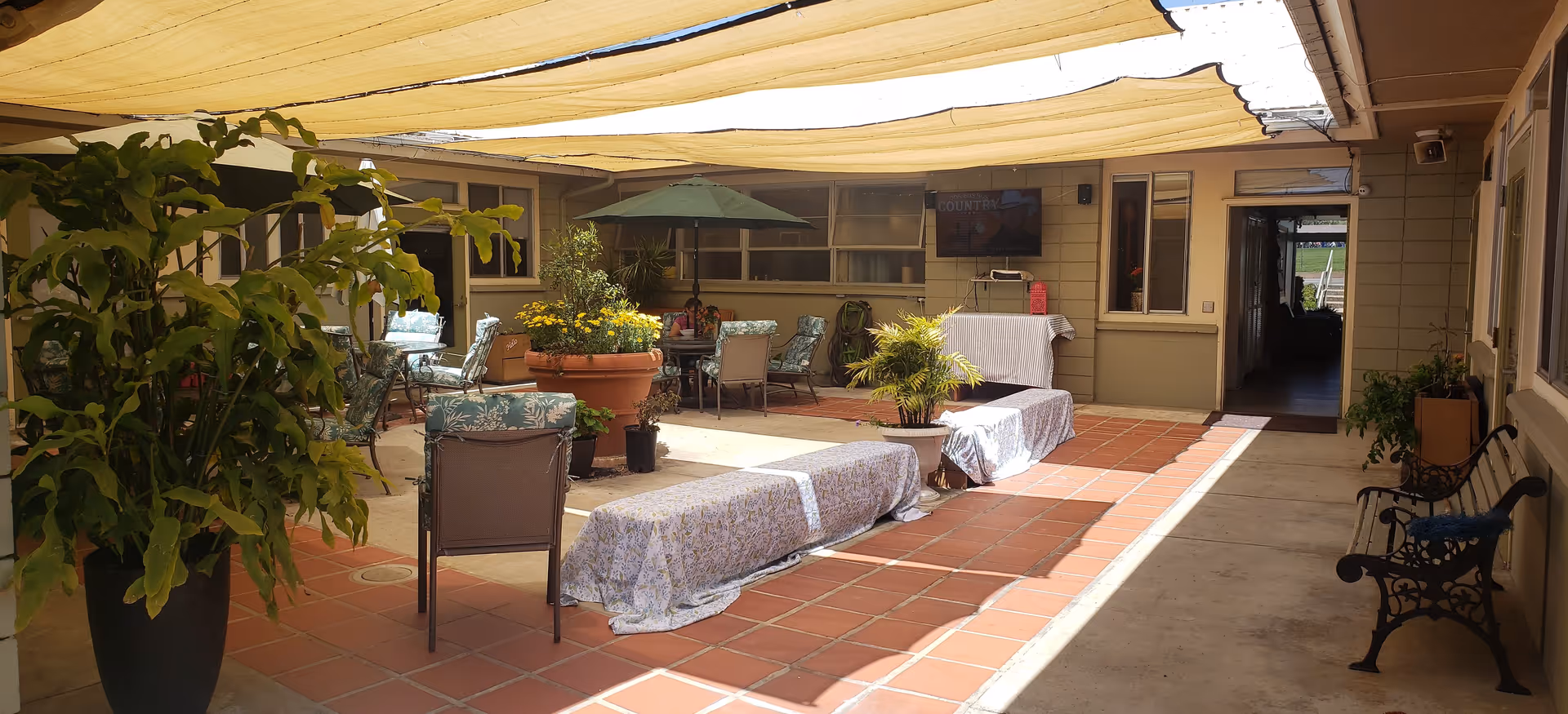 Covered outdoor patio area with terracotta tile flooring, several potted plants, benches covered with cloth, metal chairs with cushions, and a green umbrella over a table. The area is shaded by a light-colored canopy and surrounded by building walls with windows and a hallway entrance.