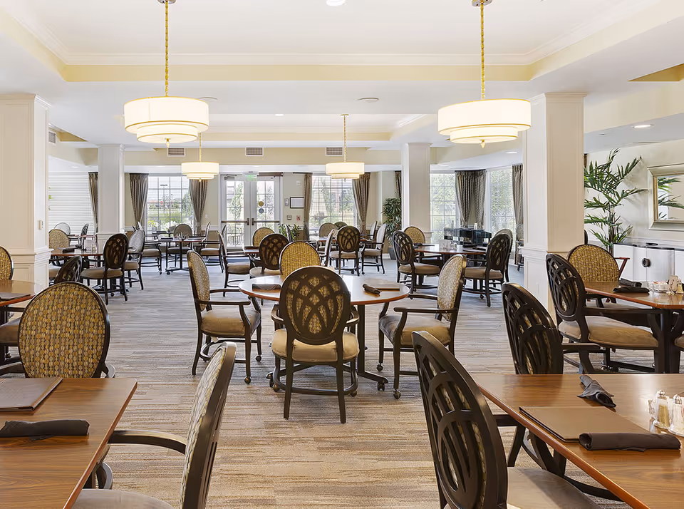 A spacious dining room with multiple round and rectangular wooden tables surrounded by cushioned chairs with patterned upholstery. The room is well-lit with large hanging pendant lights and natural light coming through large windows with curtains. There are plants and decorative elements along the walls, creating a welcoming atmosphere.