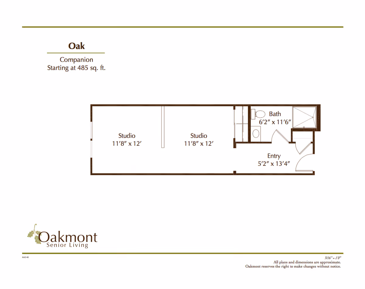 Floor plan of Oak companion unit at Oakmont Senior Living, showing two studio rooms each measuring 11 feet 8 inches by 12 feet, a bathroom measuring 6 feet 2 inches by 11 feet 6 inches, and an entry area measuring 5 feet 2 inches by 13 feet 4 inches.