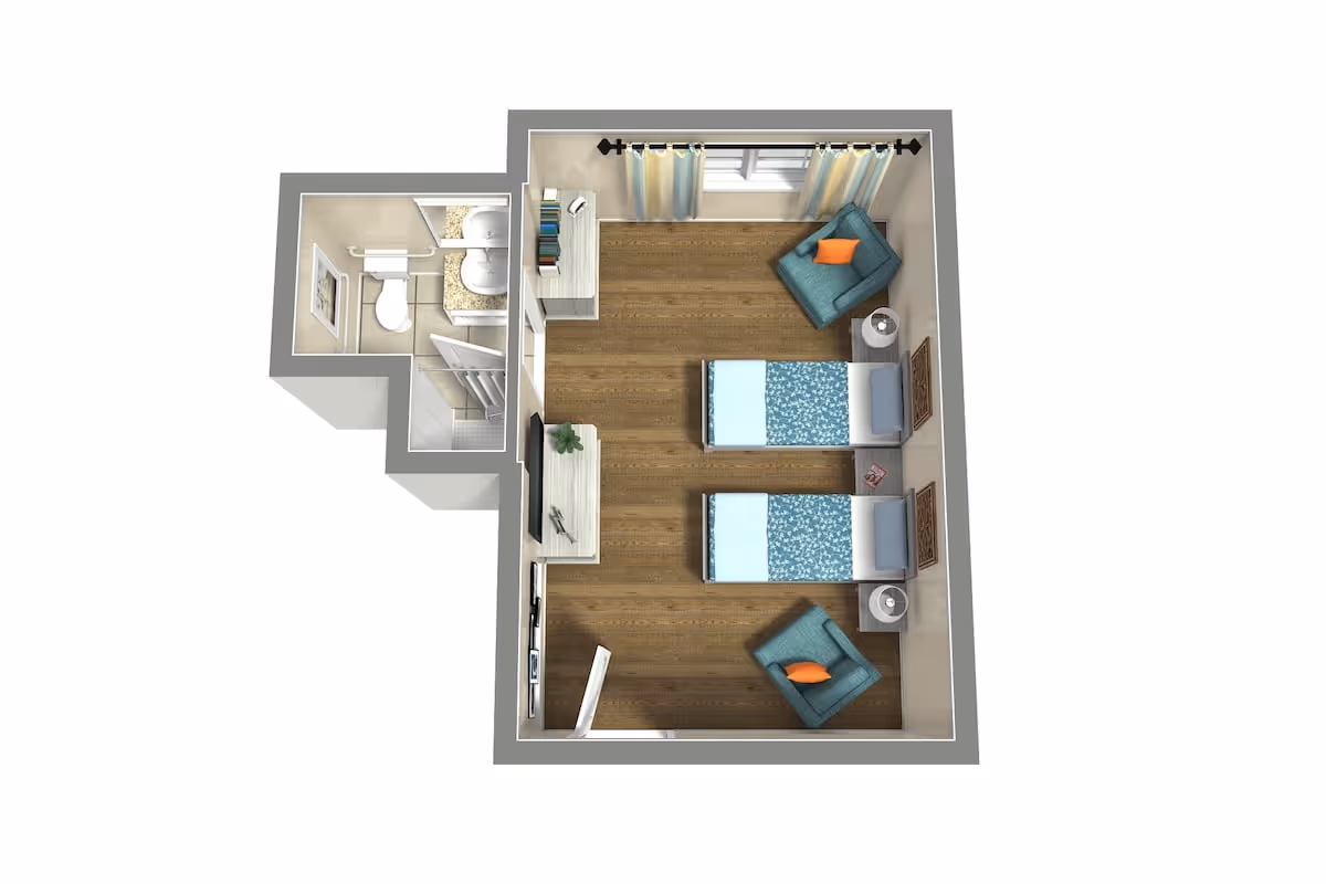 3D floor plan of a small bedroom with two single beds, each with blue patterned bedding and a pillow. The room has two teal armchairs with orange cushions, a TV on a stand, a bookshelf, and a window with curtains. Attached is a small bathroom with a toilet, sink, and shower.