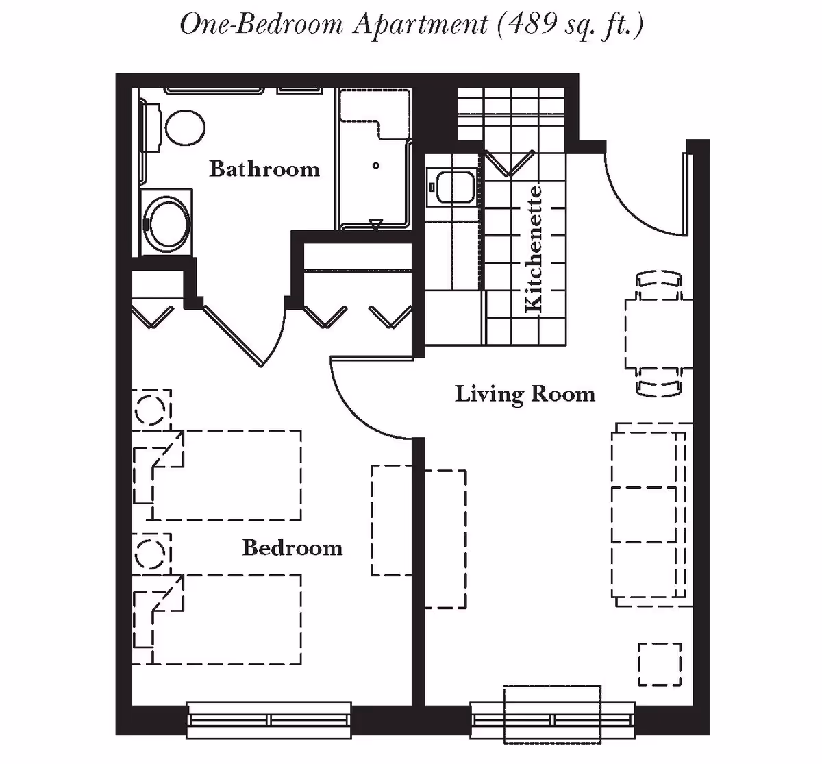 Floor plan of a one-bedroom apartment measuring 489 square feet, showing a bedroom with two beds, a bathroom with a toilet, sink, and shower, a kitchenette with a sink and counter space, and a living room with seating and a small dining table.