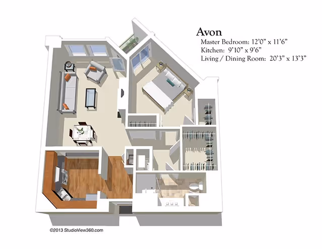 3D floor plan of the Avon apartment at The Stratford showing a master bedroom, kitchen, living and dining room, bathroom, and closets with dimensions labeled.