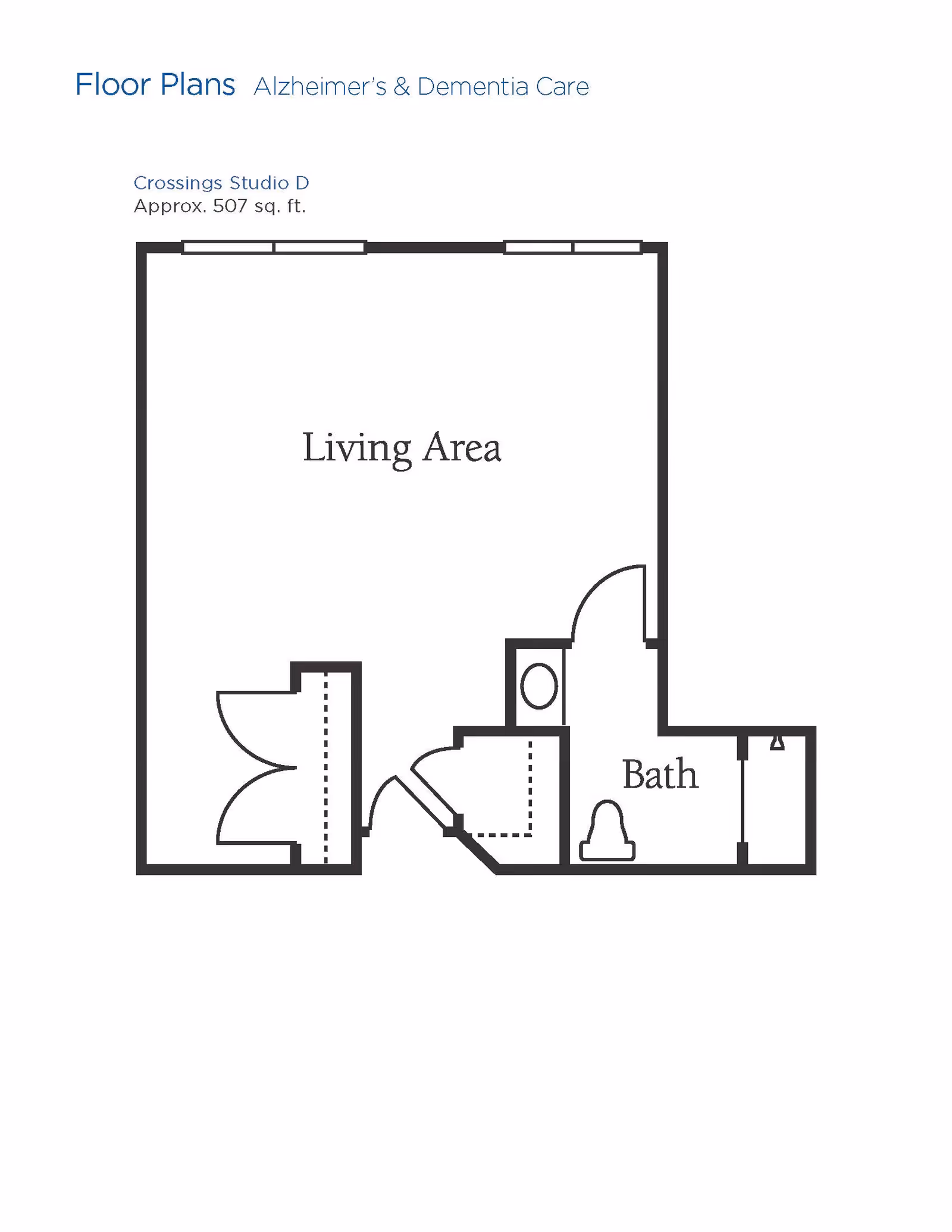 Floor plan labeled Crossings Studio D for Alzheimer's and Dementia Care, approximately 507 square feet, showing a living area and a bathroom with toilet and shower.