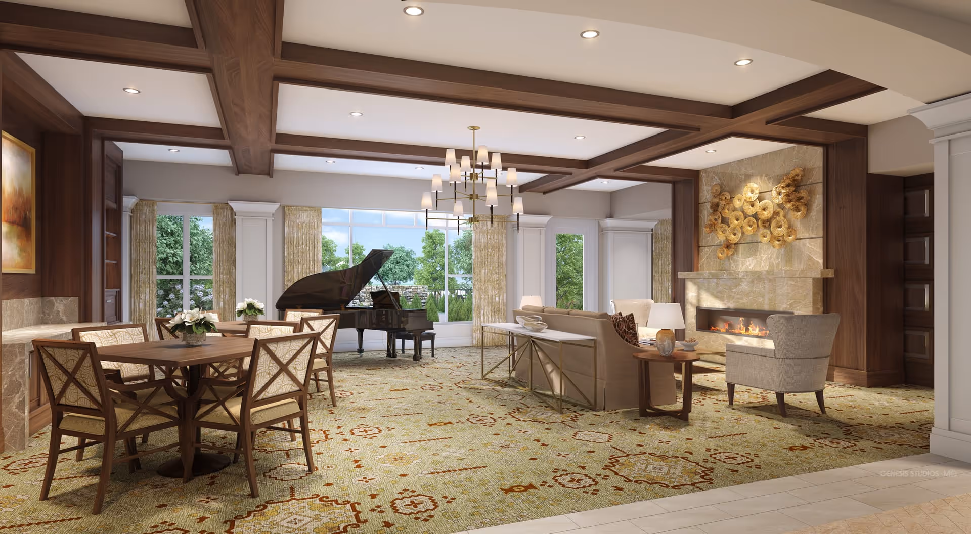 A spacious and elegant living room area with a patterned carpet, wooden ceiling beams, and large windows letting in natural light. The room features a grand piano near the windows, a round dining table with chairs, a beige sofa, armchairs, a coffee table, and a modern fireplace with decorative art above it. The walls are adorned with artwork and the room has a warm, inviting atmosphere.