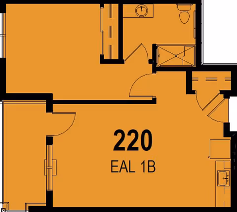 Architectural floor plan layout of unit 220 labeled EAL 1B, showing a bathroom with a sink, toilet, and shower, a main living area, and an entry area with a kitchenette.