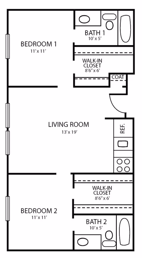 Floor plan of a two-bedroom apartment with two bathrooms, two walk-in closets, a living room, and a kitchen area with a refrigerator and stove. Bedroom 1 and Bedroom 2 both measure 11 by 11 feet. Bath 1 and Bath 2 each measure 10 by 5 feet. Each bedroom has an adjacent walk-in closet measuring 8 feet 6 inches by 6 feet. There is also a coat closet near the entrance.