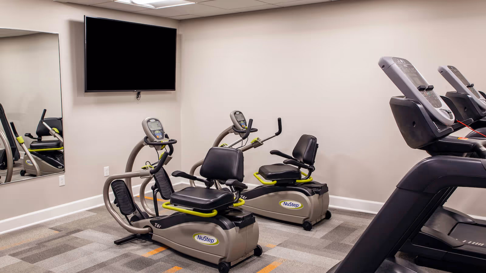 Fitness room with two NuStep recumbent exercise machines, treadmills, a wall mirror, and a mounted TV.