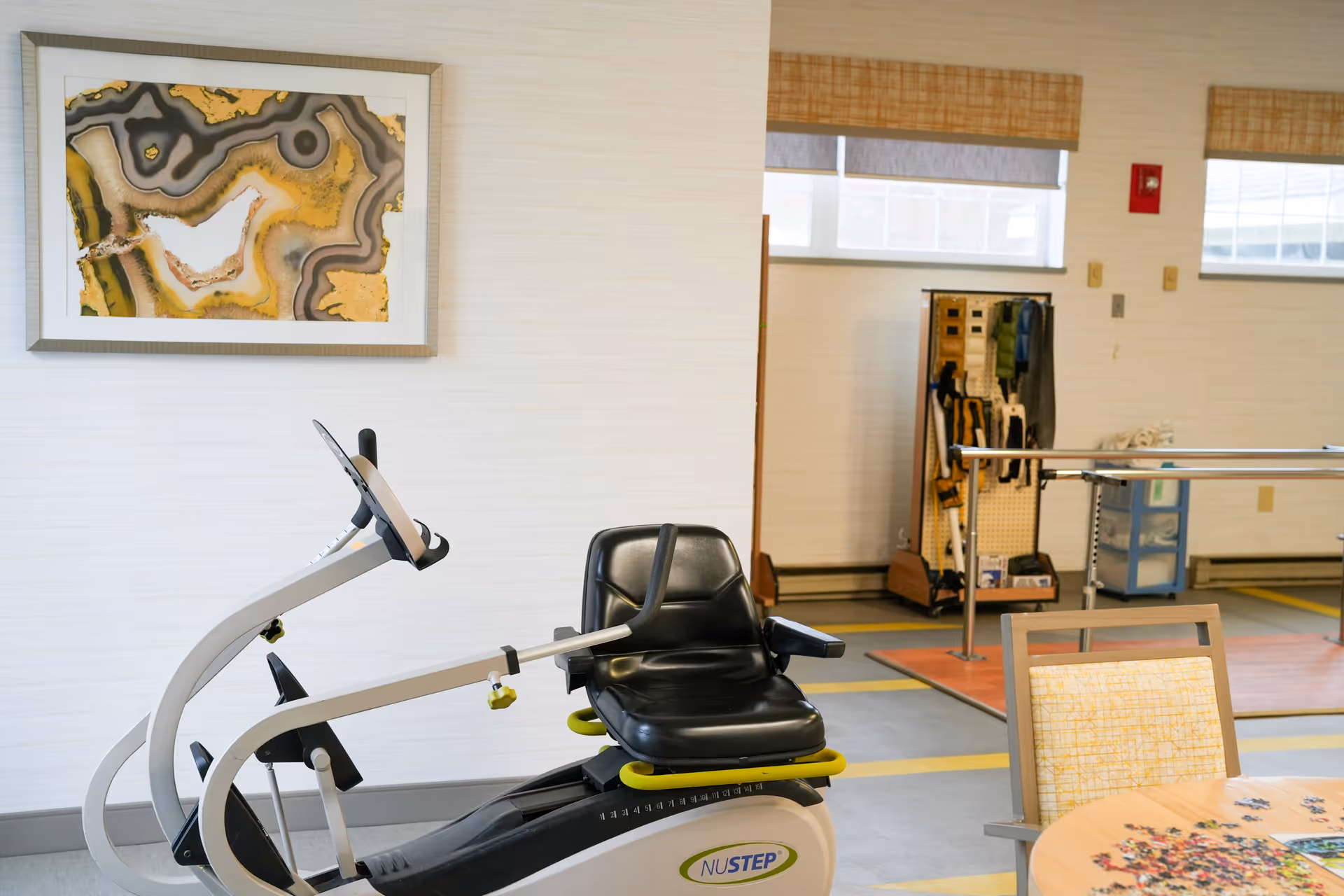 A room with exercise equipment including a NuStep recumbent cross trainer, a table with a chair, and a rack with various therapy or exercise accessories. The room has large windows with blinds and a framed abstract artwork on the wall.