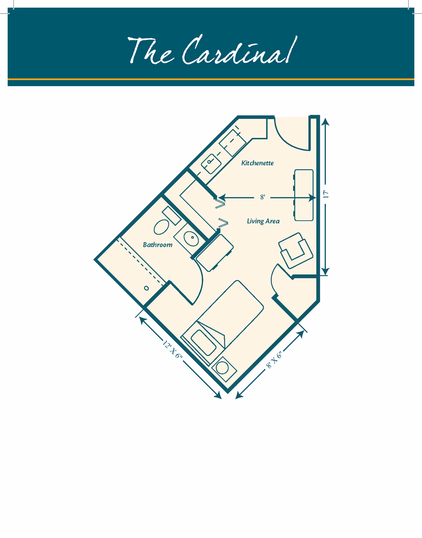 Floor plan titled 'The Cardinal' showing a small living space with a kitchenette, living area, bathroom, and bedroom area. The kitchenette includes a sink and counter space. The living area has a chair and a small table. The bathroom contains a toilet, sink, and shower. The bedroom area has a bed and a nightstand. Dimensions are marked for various sections of the space.