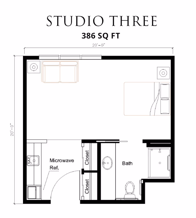 Architectural floor plan of a studio apartment labeled Studio Three with 386 square feet. The layout includes a living area with a sofa, a sleeping area with a bed, a kitchen area with a microwave and refrigerator, two closets, and a bathroom with a toilet, sink, and shower.