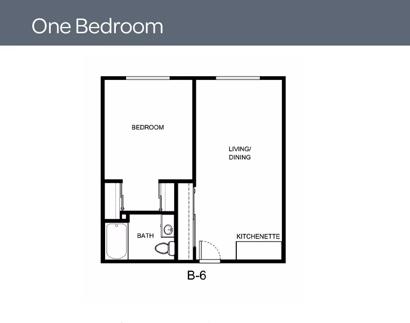 Floor plan of a one-bedroom apartment at Desert Rose Retirement Community showing a bedroom, bathroom, living/dining area, and kitchenette.