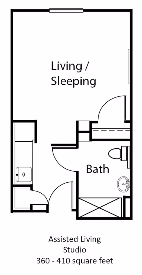 Floor plan of an assisted living studio apartment showing a combined living and sleeping area, a bathroom with a toilet, sink, and shower, and a small kitchenette area. The total area is 360 to 410 square feet.