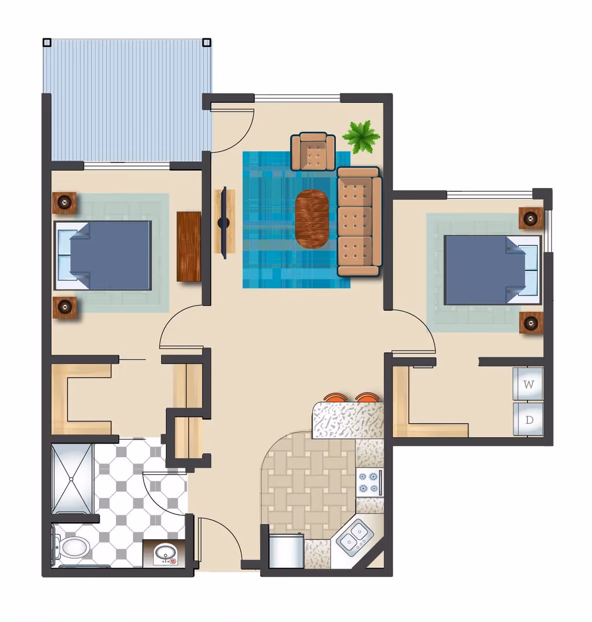Floor plan of an apartment featuring two bedrooms, a living room with a sofa, armchair, coffee table, and TV, a kitchen with appliances and a breakfast bar with two stools, a bathroom with a shower, toilet, and sink, and a small outdoor balcony area.