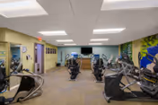 Interior view of a fitness room with various exercise equipment including stationary bikes, elliptical machines, and treadmills. The room has a light green and blue color scheme with a mural on one wall and a television mounted on the far wall. The ceiling has recessed lighting and there is a doorway visible on the left side.