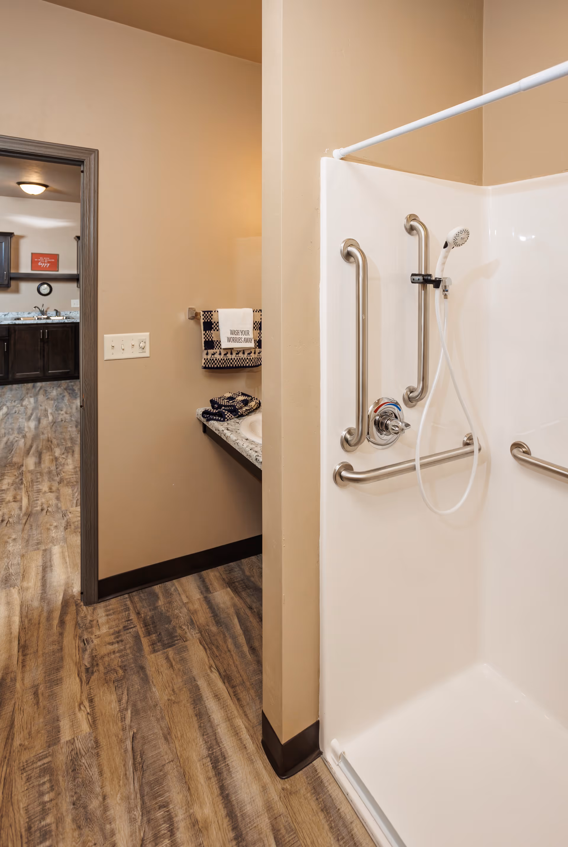 Accessible bathroom with a walk-in shower featuring multiple grab bars and a handheld showerhead, and a sink visible through the doorway.