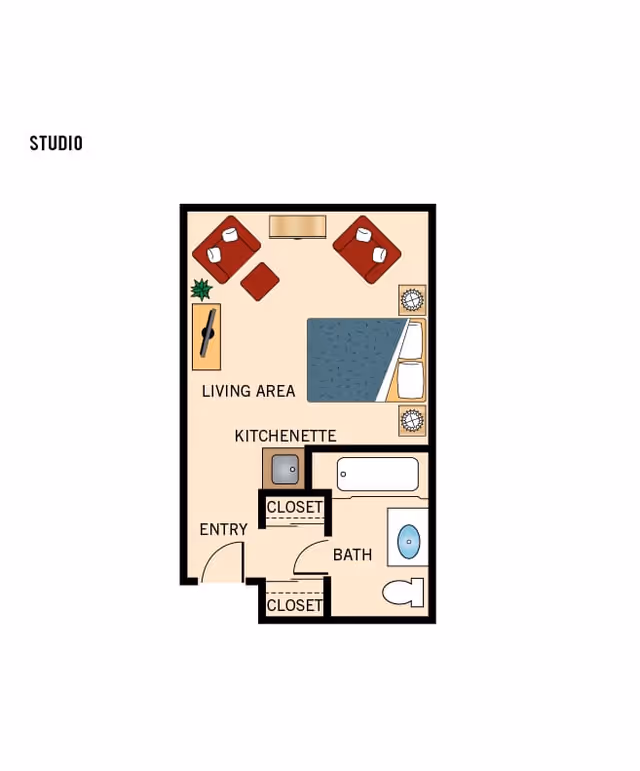 Labeled studio floor plan showing a living area with bed and seating, a kitchenette, bathroom, entry and closets.